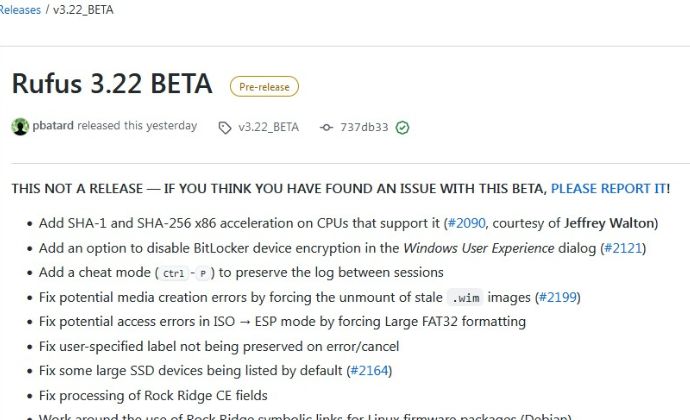 Rufus 3.22 Beta hỗ trợ tắt Bitlocker, bỏ tải ISO Windows 7.