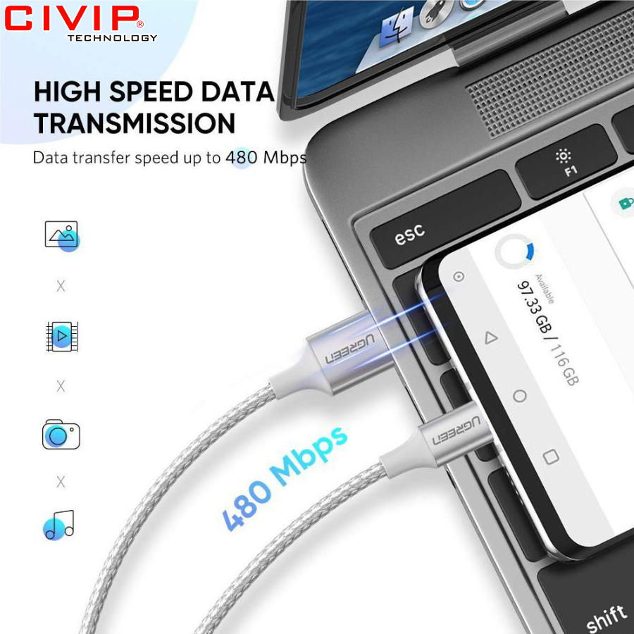 Cáp sạc USB A sang USB type C dài 2M Ugreen 60133