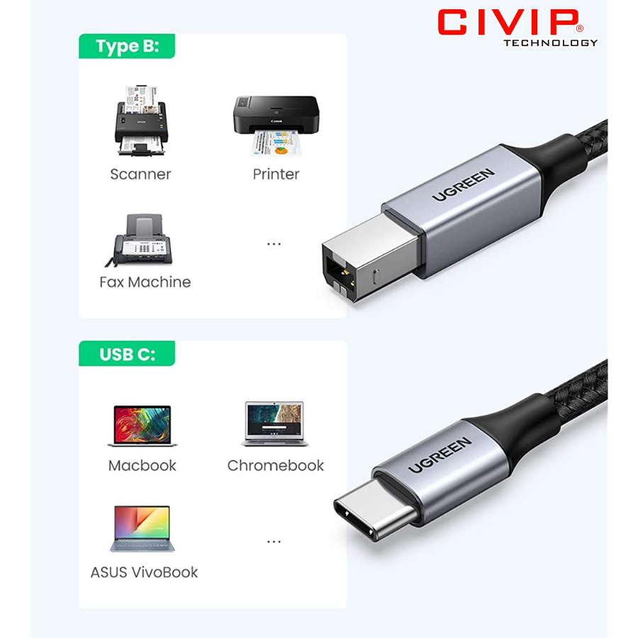 Cáp máy in USB Type C to USB B dài 1m Ugreen 80805