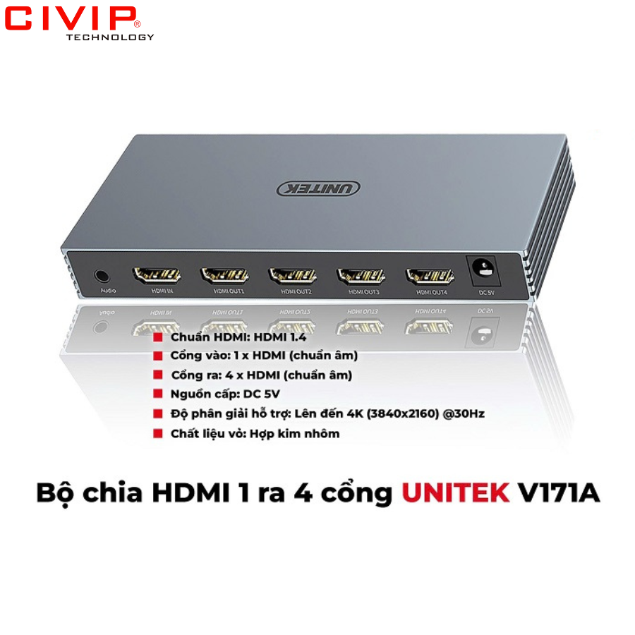 Bộ chia HDMI 2.0 1 ra 4 Unitek V171A