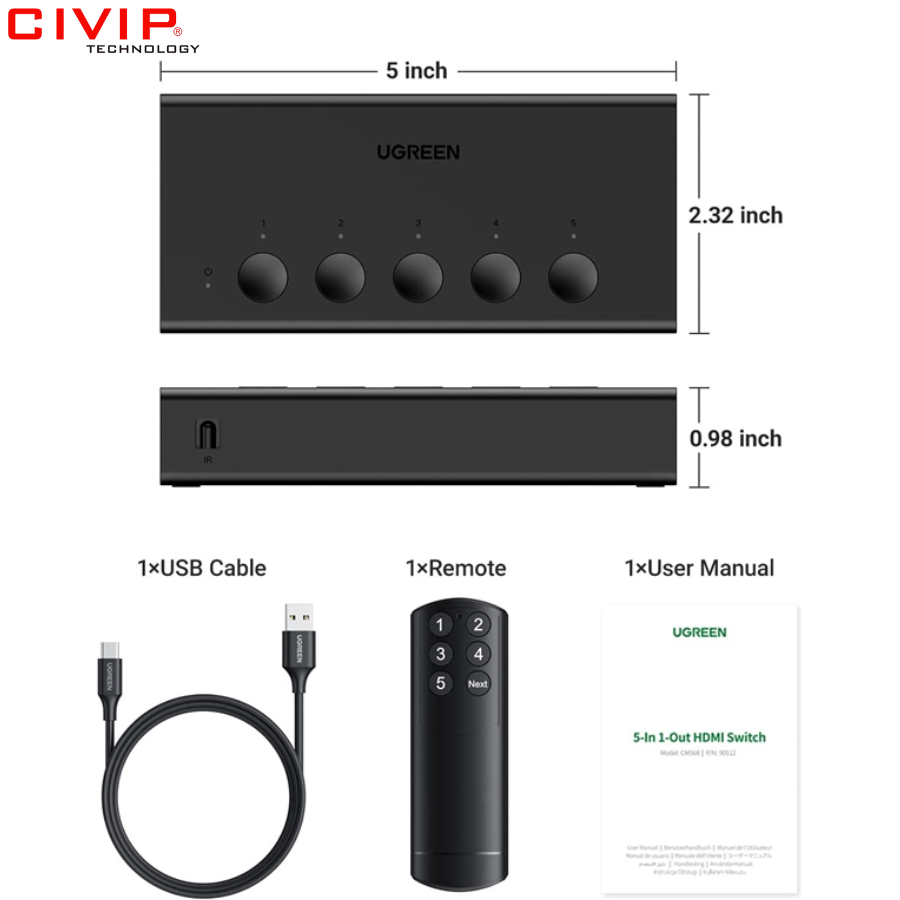 Bộ gộp HDMI 5 vào 1 ra Ugreen 90512