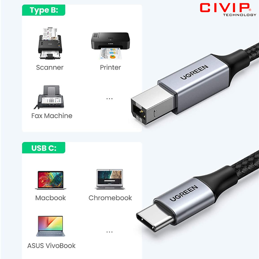Cáp máy in USB Type C to USB B dài 3m Ugreen 80808