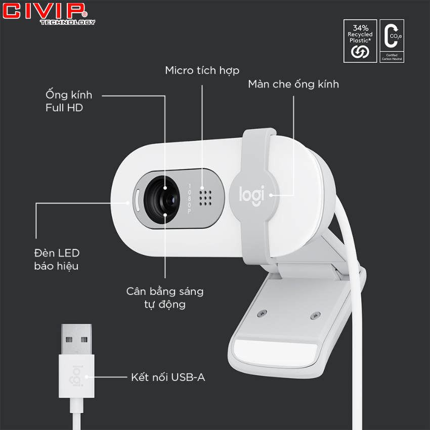 Webcam Logitech BRIO 100 - Trắng