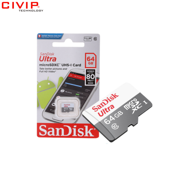 Thẻ nhớ SanDisk Ultra 64GB SDSQUNR-064G-GN3MN (microSDXC/SQUAR/C10/UHS-1/10Y)