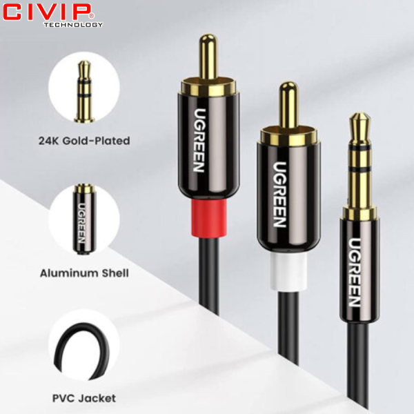 Cáp Audio 3,5mm ra 2 đầu RCA dài 5m chính hãng Ugreen 10591
