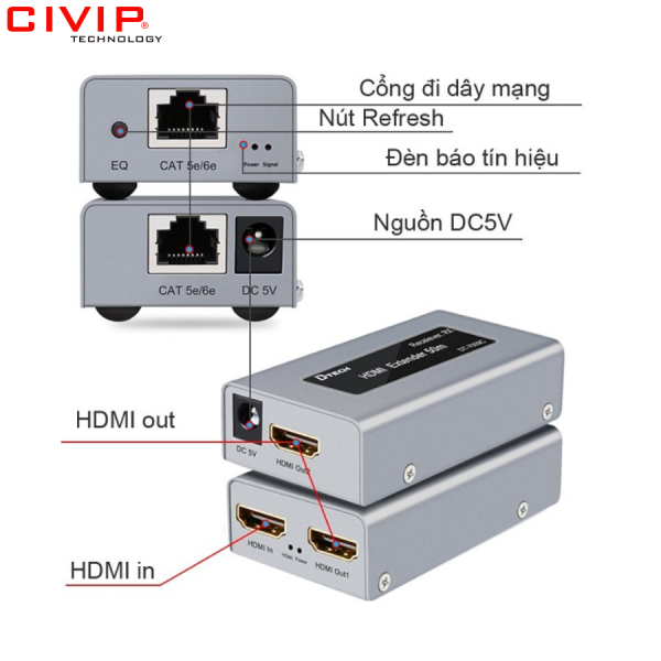 Bộ kéo dài HDMI qua cáp Lan 50M Dtech 7009C