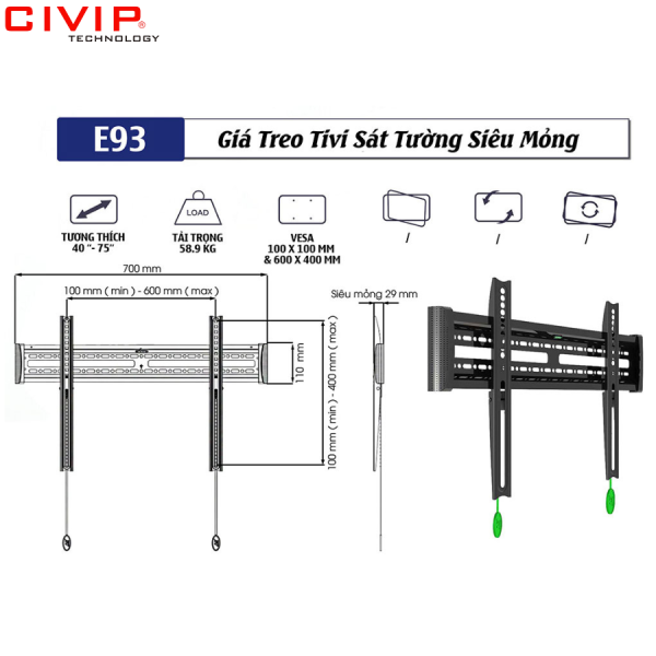 Khung treo tivi ERGOTEK E93 sát tường (40 - 75 inch)