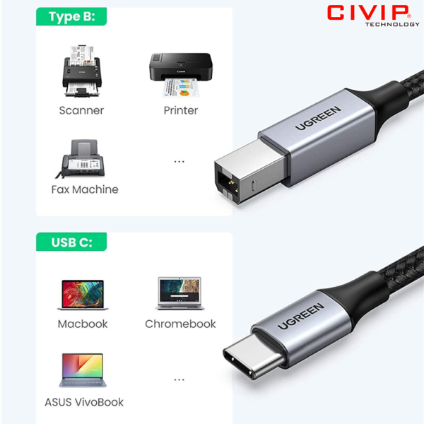 Cáp máy in USB Type C to USB B dài 3m Ugreen 80808