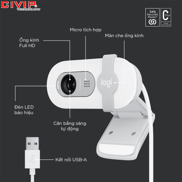 Webcam Logitech BRIO 100 - Trắng