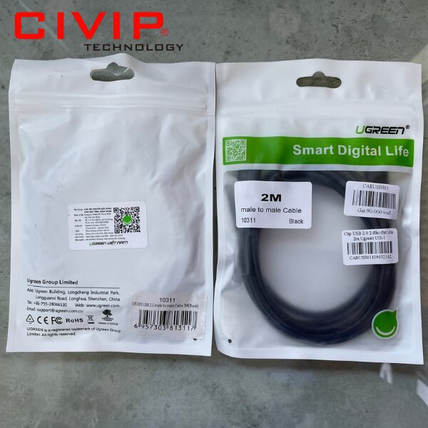 Cáp USB 2.0 2 đầu đực dài 2m Ugreen UG-10311