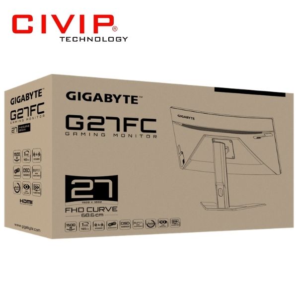 Màn Hình Máy Tính Gigabyte G27FC-EK (Cong 27Inch, FHD 1920 x 1080, VA, 250 cd/m2, 3000:1, 1ms, 165Hz, HDMI 1.4 / DP)