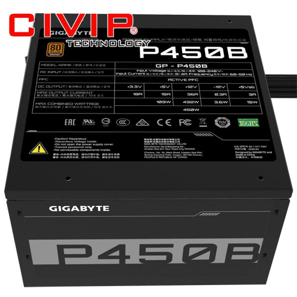 Nguồn Máy Tính Gigabyte GP-P450B 450W (CPU 4+4 Pin x1,  PCI-e 6+2 Pin x2, SATA x6)