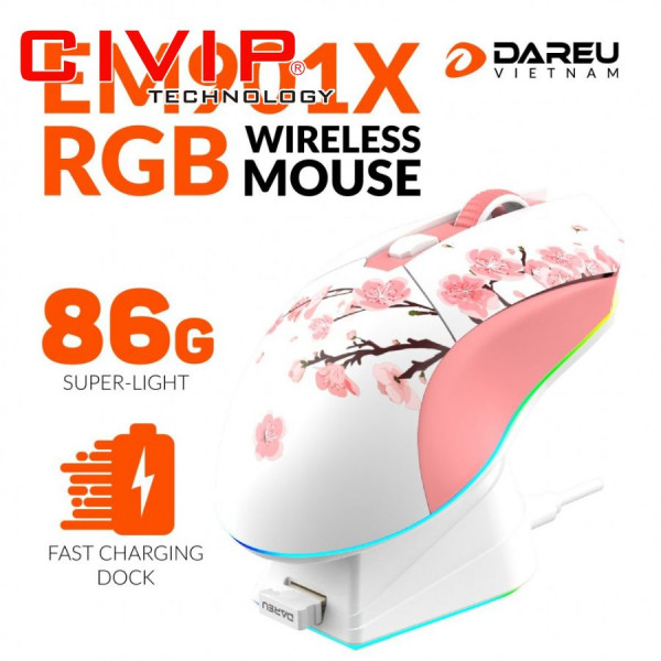 Chuột không dây DareU chơi game EM901X RGB Wireless Pink