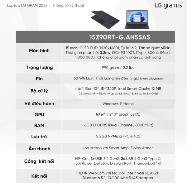 Laptop LG Gram UltraSlim 2023 15Z90RT-G.AH55A5 (Intel Core i5-1340P/ 16GB/ 512GB/ Intel Iris Xe/ 15.6-inch FHD/ Win 11/ Xanh)
