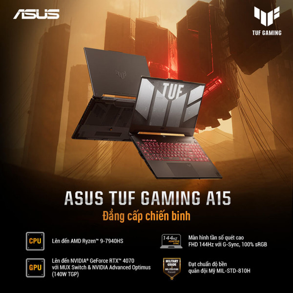 Laptop ASUS TUF Gaming A15 FA507XI-LP420W  (Ryzen™ 9 7940HS/ 8GB/ 512GB/ RTX™ 4070 8GB/ 15.6-inch FHD 144Hz/ Win 11/ Jaeger Gray)