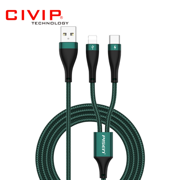 Cáp sạc điện thoại PISEN 2 trong 1 3A 1M (Lightning/Type C) Aluminum Alloy braided (PR-AP03-1000) Xanh lá