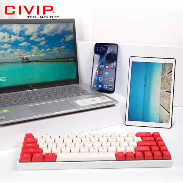 Bàn phím cơ không dây NEWMEN Dual Mode GM680 White Red - Switch N-Box Red (Bluetooth 5.0/Type C/Keycap Rồng-Hổ)