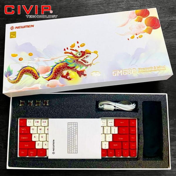Bàn phím cơ không dây NEWMEN Dual Mode GM680 White Red - Switch G-Pro Red (Bluetooth 5.0/Type C/Keycap Rồng-Hổ)