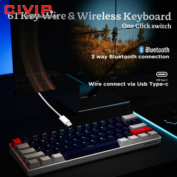 Bàn phím cơ không dây NEWMEN Dual Mode GM610 - Blue Axis (Bluetooth 5.0/Type C 2M/Keycap extra)