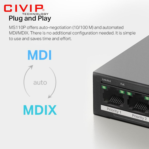 Switch 10 cổng Mercusys  MS110P 10/100Mbps với 8 cổng PoE+