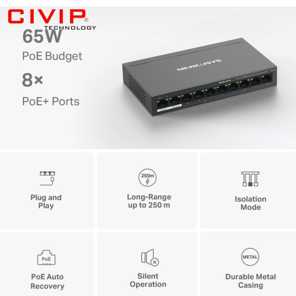 Switch 10 cổng Mercusys  MS110P 10/100Mbps với 8 cổng PoE+