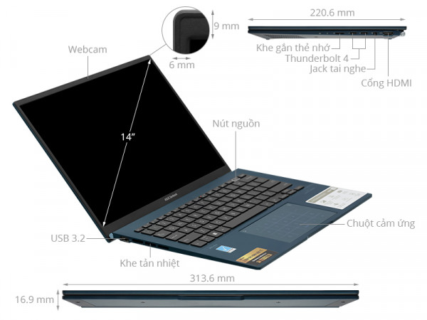 Laptop Asus Zenbook 14 OLED UX3402VA-KM068W (Core i7-1360P/16GB/512GB/Intel Iris Xe/14 inch OLED WQXGA+/Win 11/Xanh)