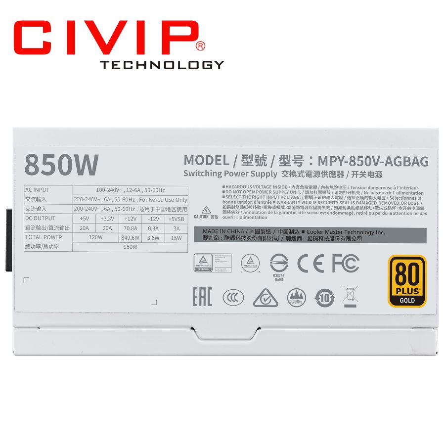 Nguồn Cooler master V GOLD V2 850W WHITE (Full Modular 850W, 4+4x1/8x1 CPU, PCl 6+2 x6, EPS 8x1, 12 SATA, ATX)
