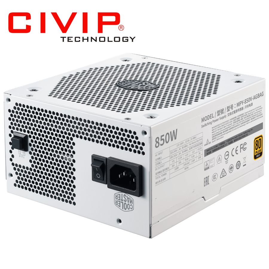 Nguồn Cooler master V GOLD V2 850W WHITE (Full Modular 850W, 4+4x1/8x1 CPU, PCl 6+2 x6, EPS 8x1, 12 SATA, ATX)