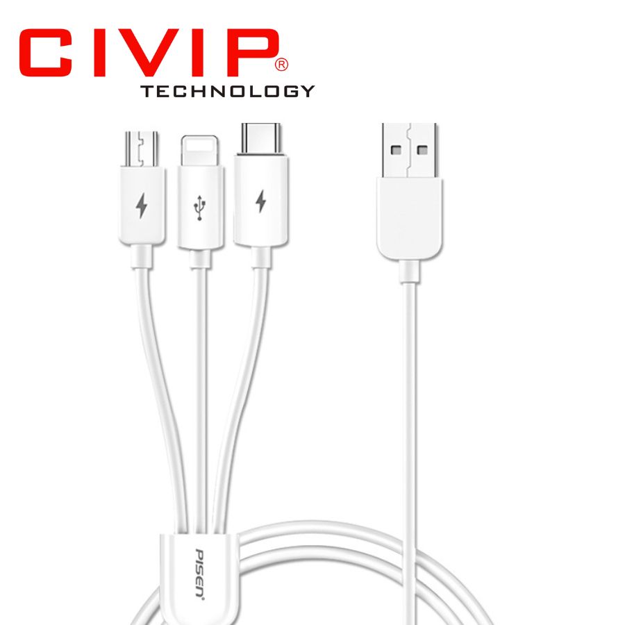 Cáp Sạc Pisen 3 in 1 ( Type C,Lightning, Micro USB) Trắng