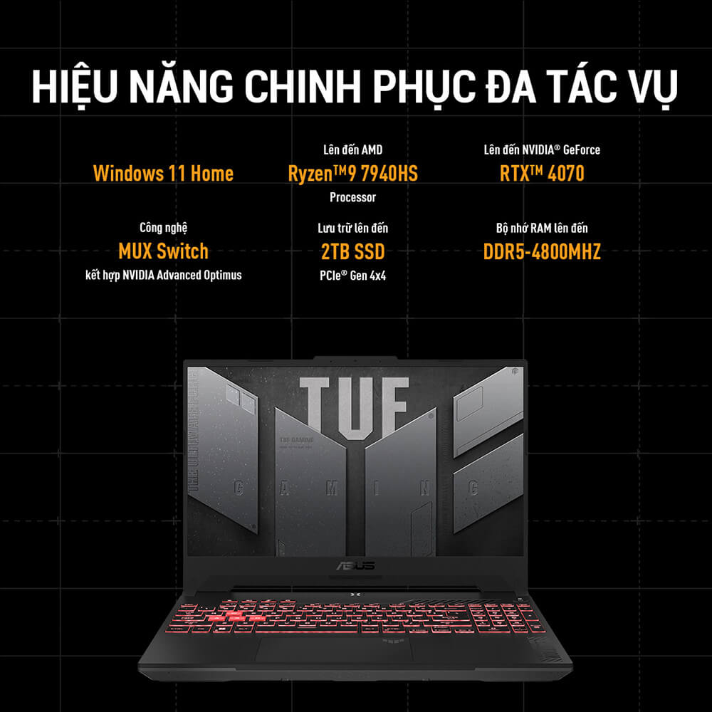 Laptop ASUS TUF Gaming A15 FA507XI-LP420W  (Ryzen™ 9 7940HS/ 8GB/ 512GB/ RTX™ 4070 8GB/ 15.6-inch FHD 144Hz/ Win 11/ Jaeger Gray)