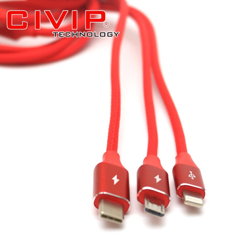 Cáp sạc điện thoại PISEN 3 trong 1 3A 1,2M (Lightning/Type C/Micro) backlight (LS-AP13-1200) Đỏ