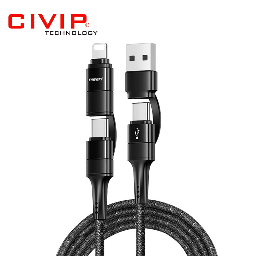 Cáp sạc điện thoại PISEN Quick 4 in 1 3A 1,2M (Usb A/C To C/Lightning) Aluminum shell braided (LT-AP02-1200) Bạc