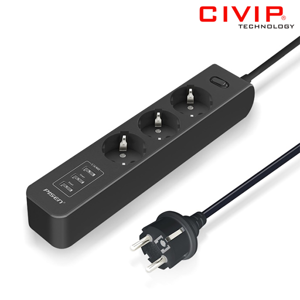 Ổ cắm điện PISEN 303-EP (3xAC, 3xUSB) Black dây 1.8m