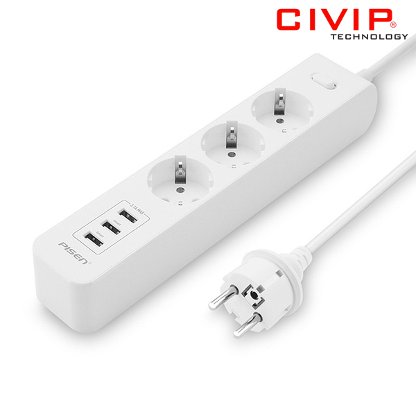 Ổ cắm điện PISEN 303-EP (3xAC, 3xUSB) White dây 1.8m