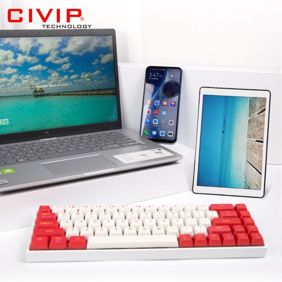 Bàn phím cơ không dây NEWMEN Dual Mode GM680 White Red - Blue Switch (Bluetooth 5.0/Type C/Keycap Rồng-Hổ)