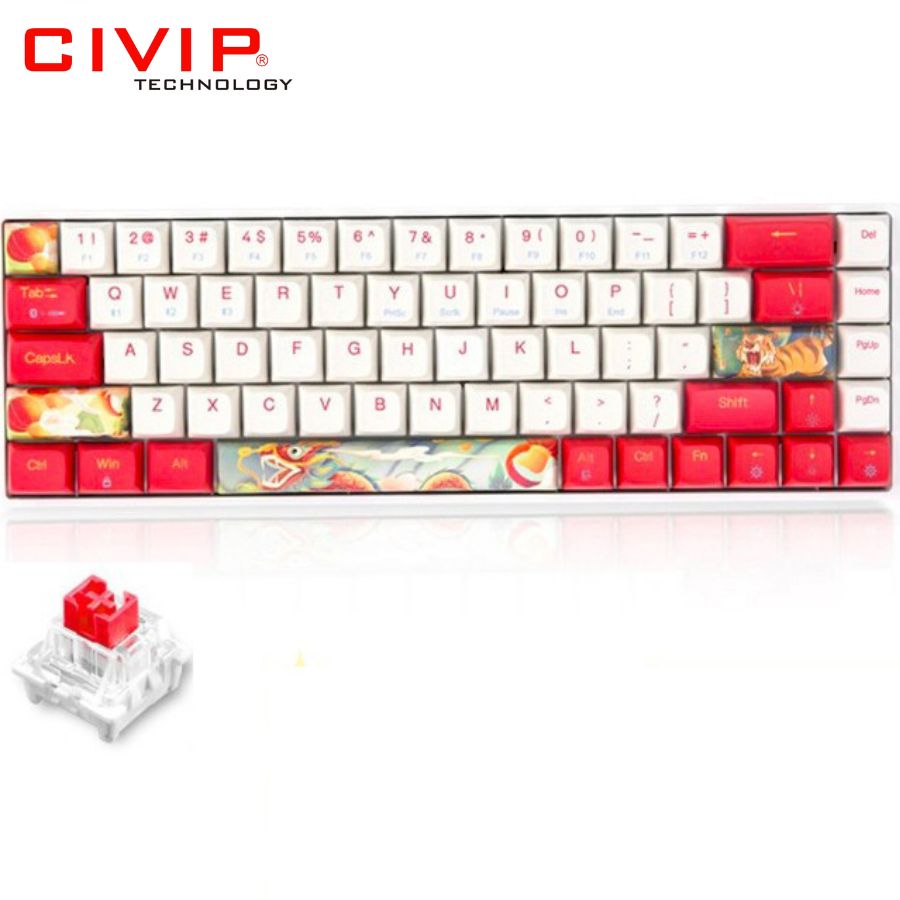 Bàn phím cơ không dây NEWMEN Dual Mode GM680 White Red - Switch G-Pro Red (Bluetooth 5.0/Type C/Keycap Rồng-Hổ)