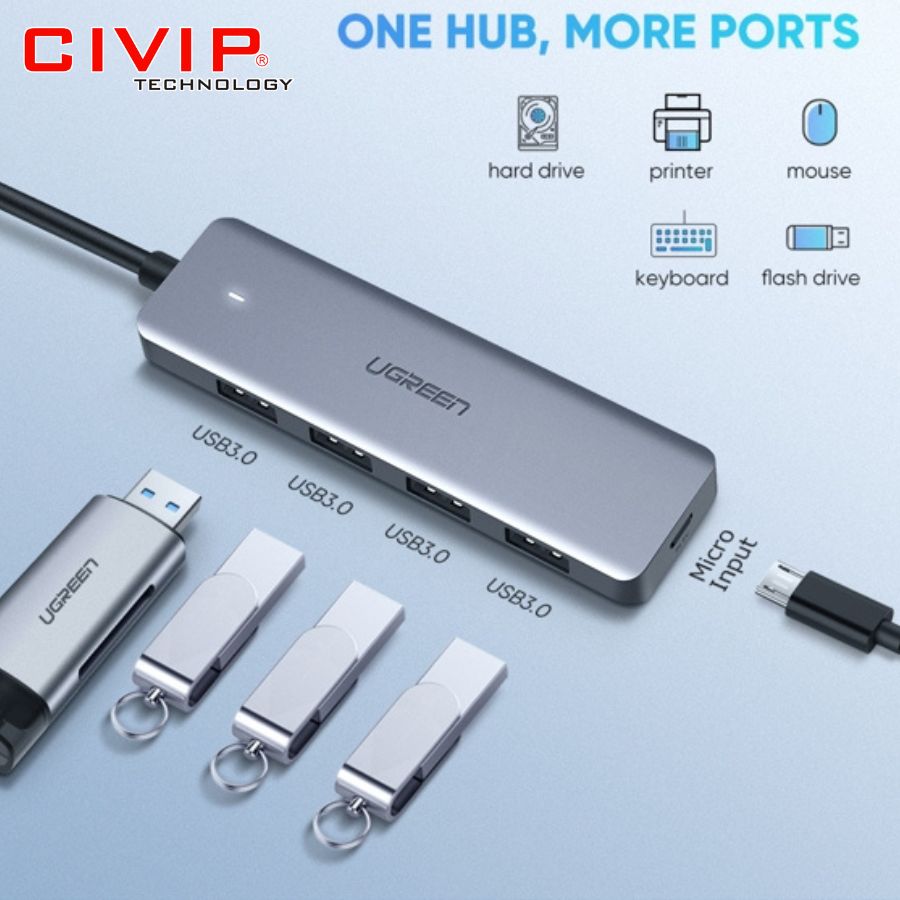Bộ chia USB Type C 3.0 ra 4 cồng USB màu xám Ugreen 70336