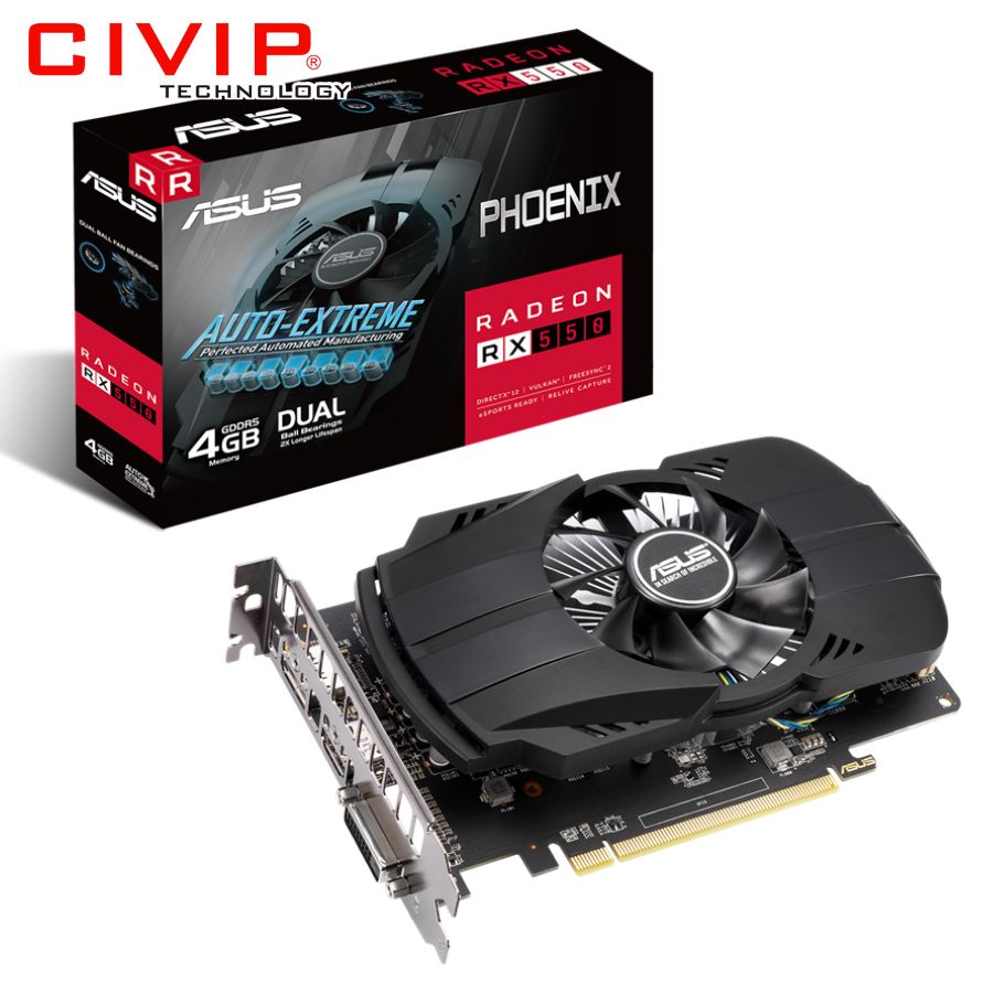 Card màn hình Asus PHOENIX RADEON RX550 (4GB GDDR5, 128 bit, Stream Processors 512, DVI / HDMI / DP)