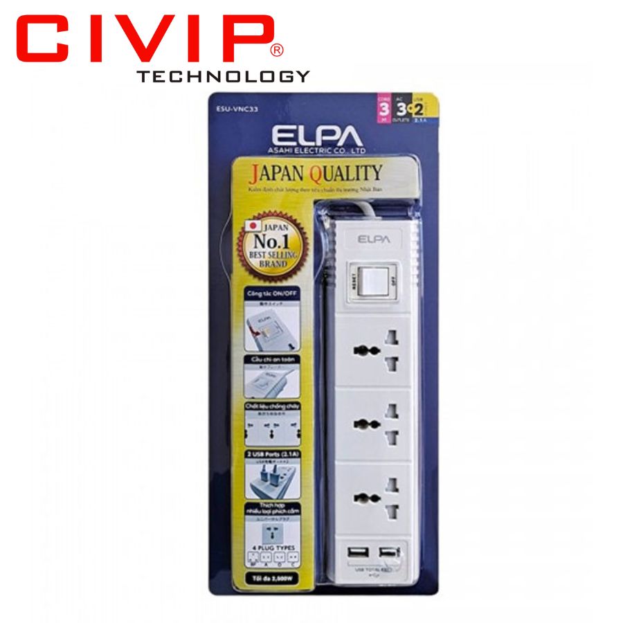 Ổ cắm điện Elpa ESU-VNC33 (3 ổ điện, 1 công tắc, 2 x USB, dài 3m)